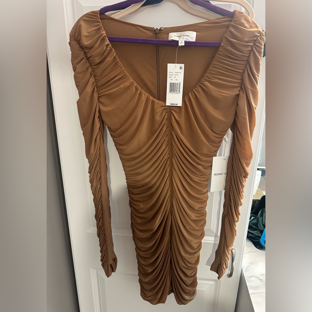 Ronny Kobo Collection Tan Ruched Long Sleeve Dress